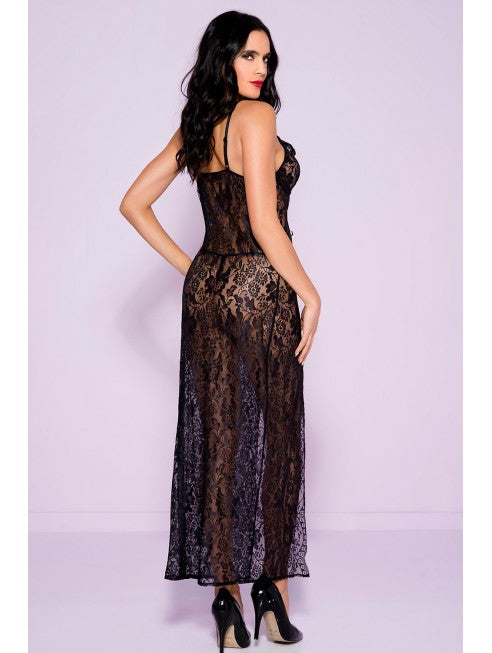 nuisette longue noir en dentelle lingerie sexy transparente