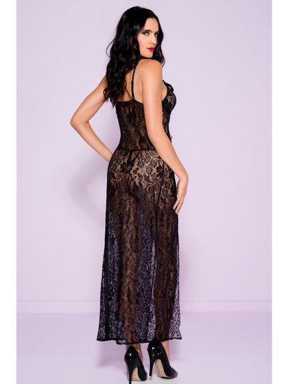 nuisette longue noir en dentelle lingerie sexy transparente
