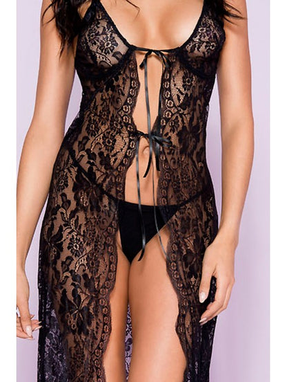 nuisette sexy longue noir en dentelle lingerie transparente sexy