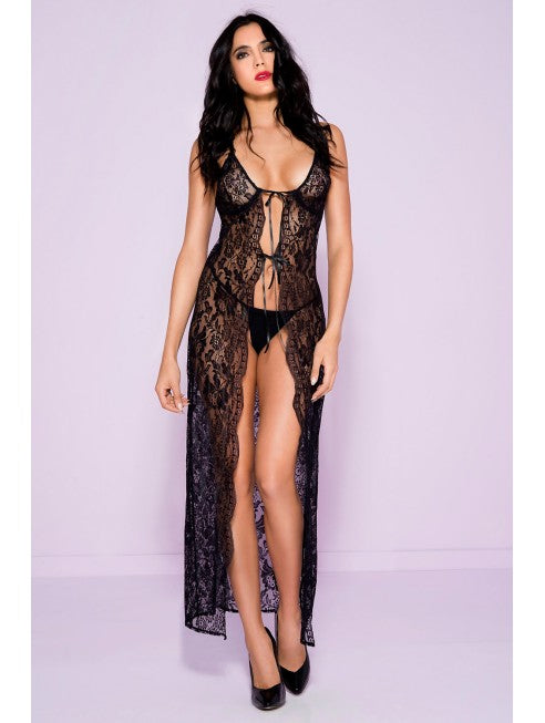 nuisette ouverte longue noir en dentelle lingerie sexy transparente